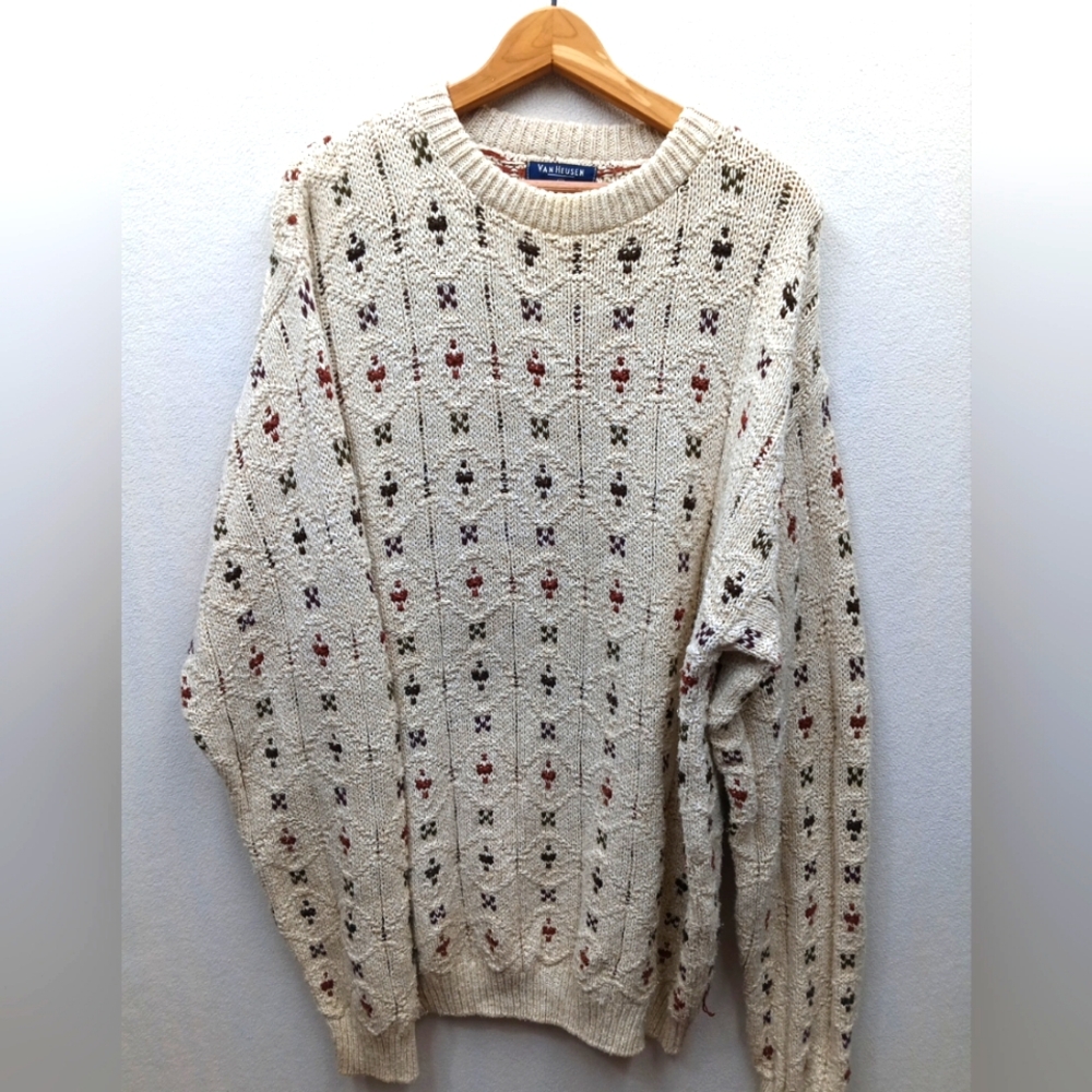 90'S VAN HEUSEN all-over print cotton knit sweater, made in USA, men's size LT